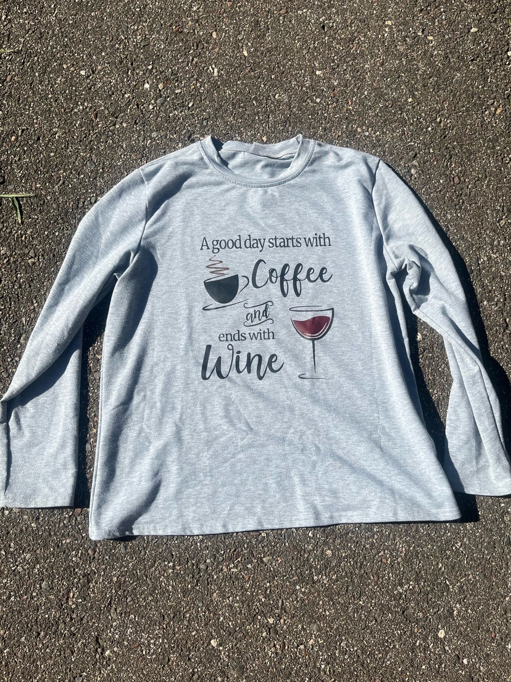 Coffee and Wine Graphic long sleeve tee A good day starts with heather gray